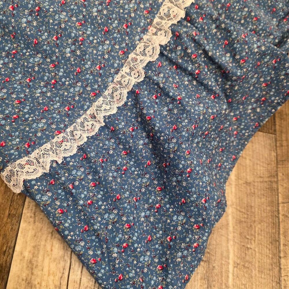 Vintage Prairie Dress Blue Floral Lace Trim Cottage Midi Dress Mirco Dark Floral - Picture 3 of 8